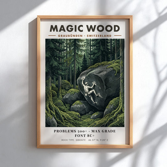 Poster of a climber scaling a massive granite boulder in the Magic Wood forest.