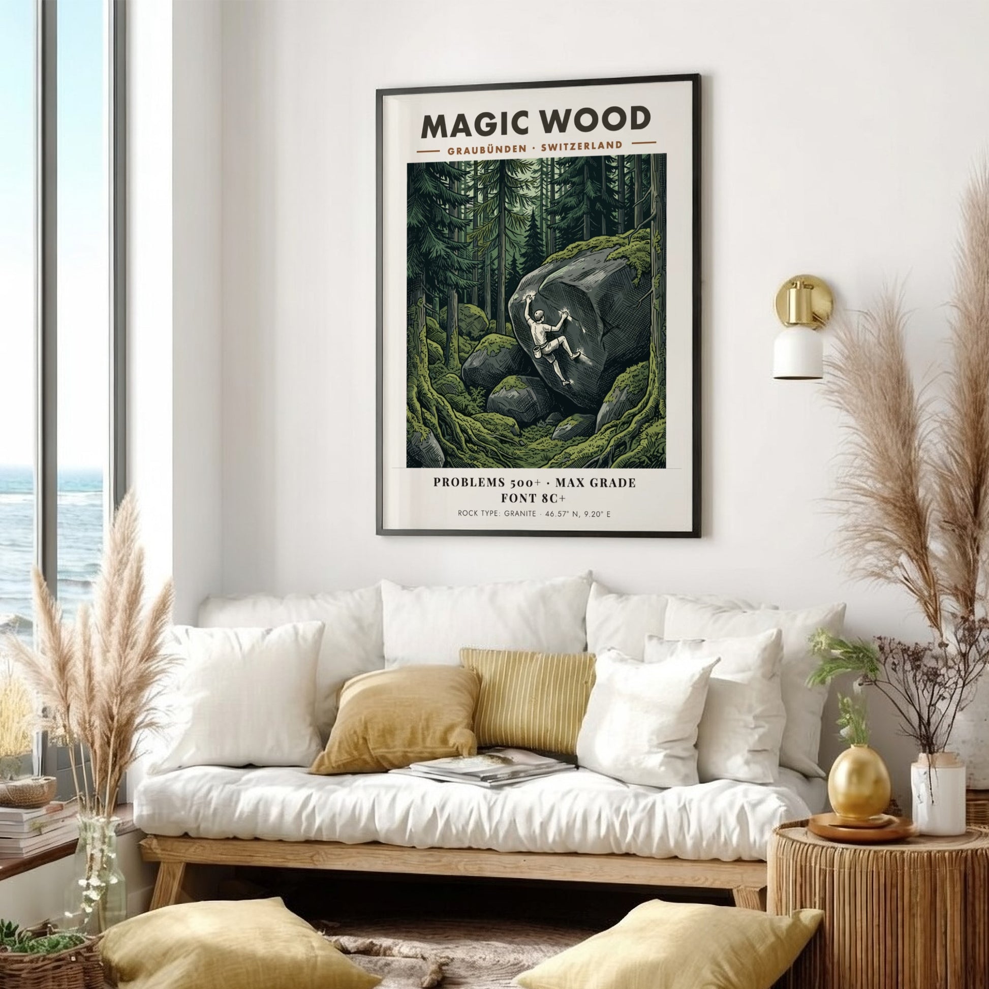 Poster of a climber scaling a massive granite boulder in the Magic Wood forest.