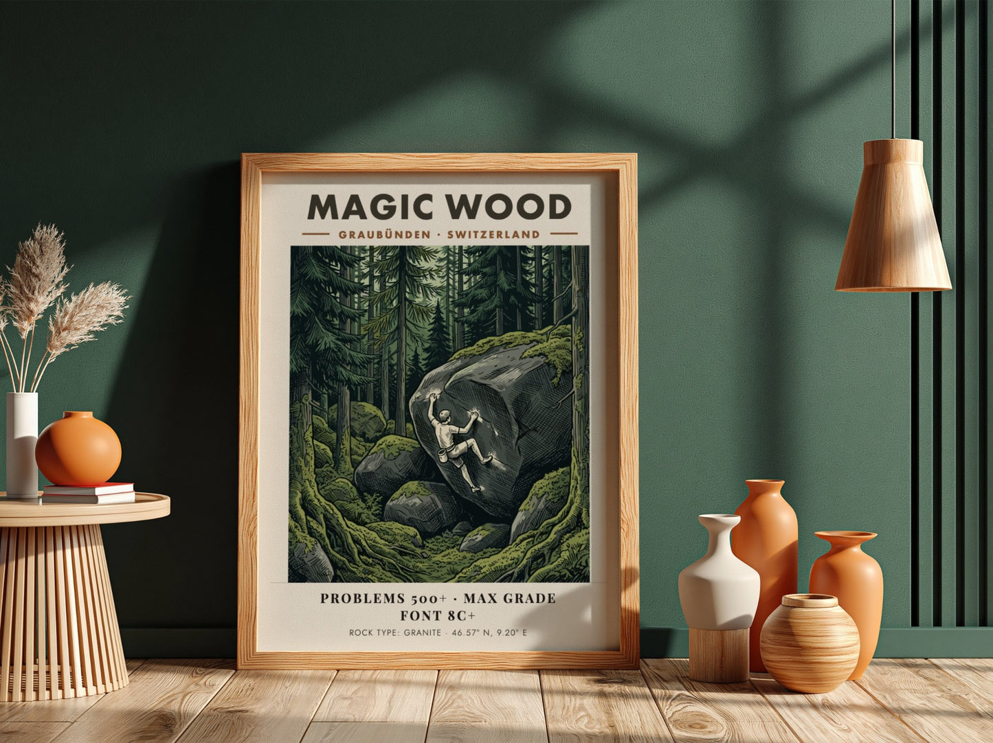 Poster of a climber scaling a massive granite boulder in the Magic Wood forest.