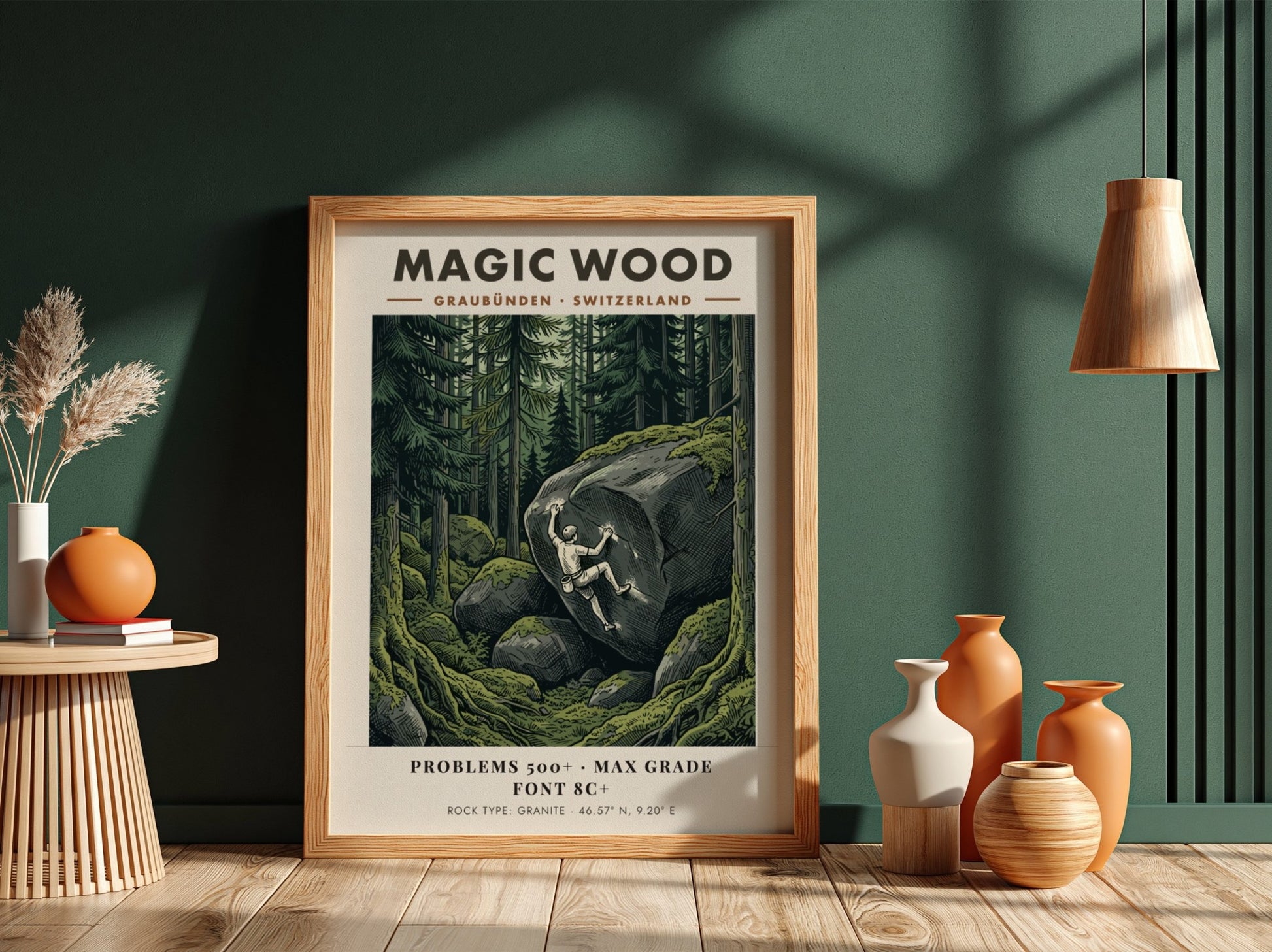 Poster of a climber scaling a massive granite boulder in the Magic Wood forest.