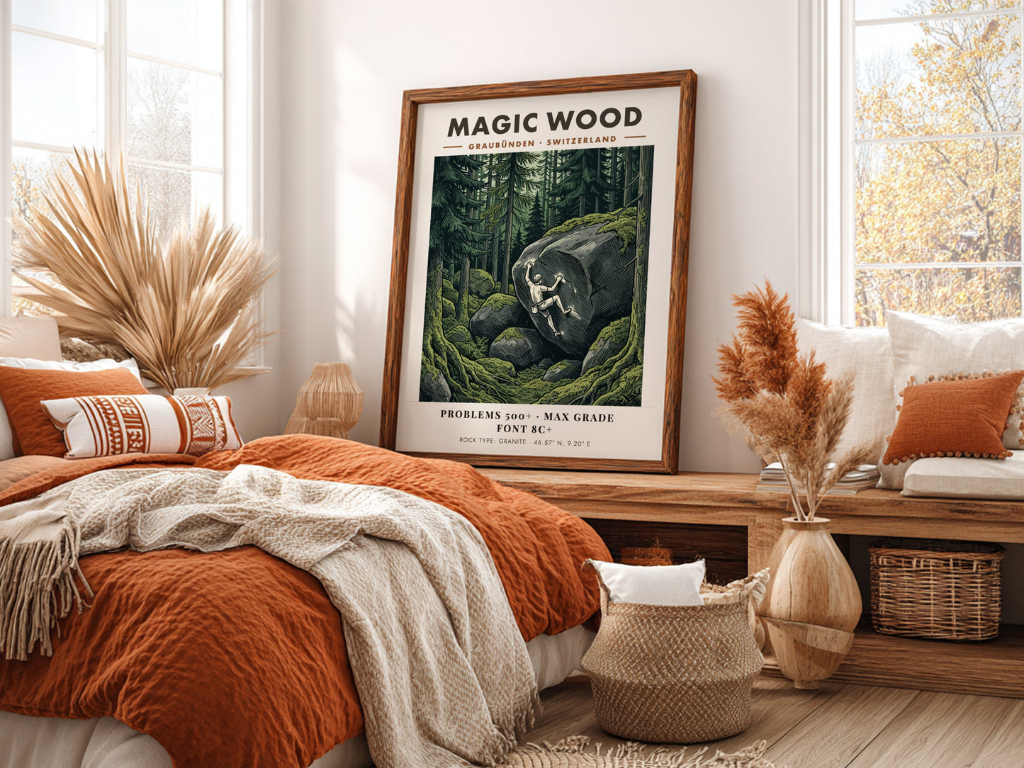 Poster of a climber scaling a massive granite boulder in the Magic Wood forest.