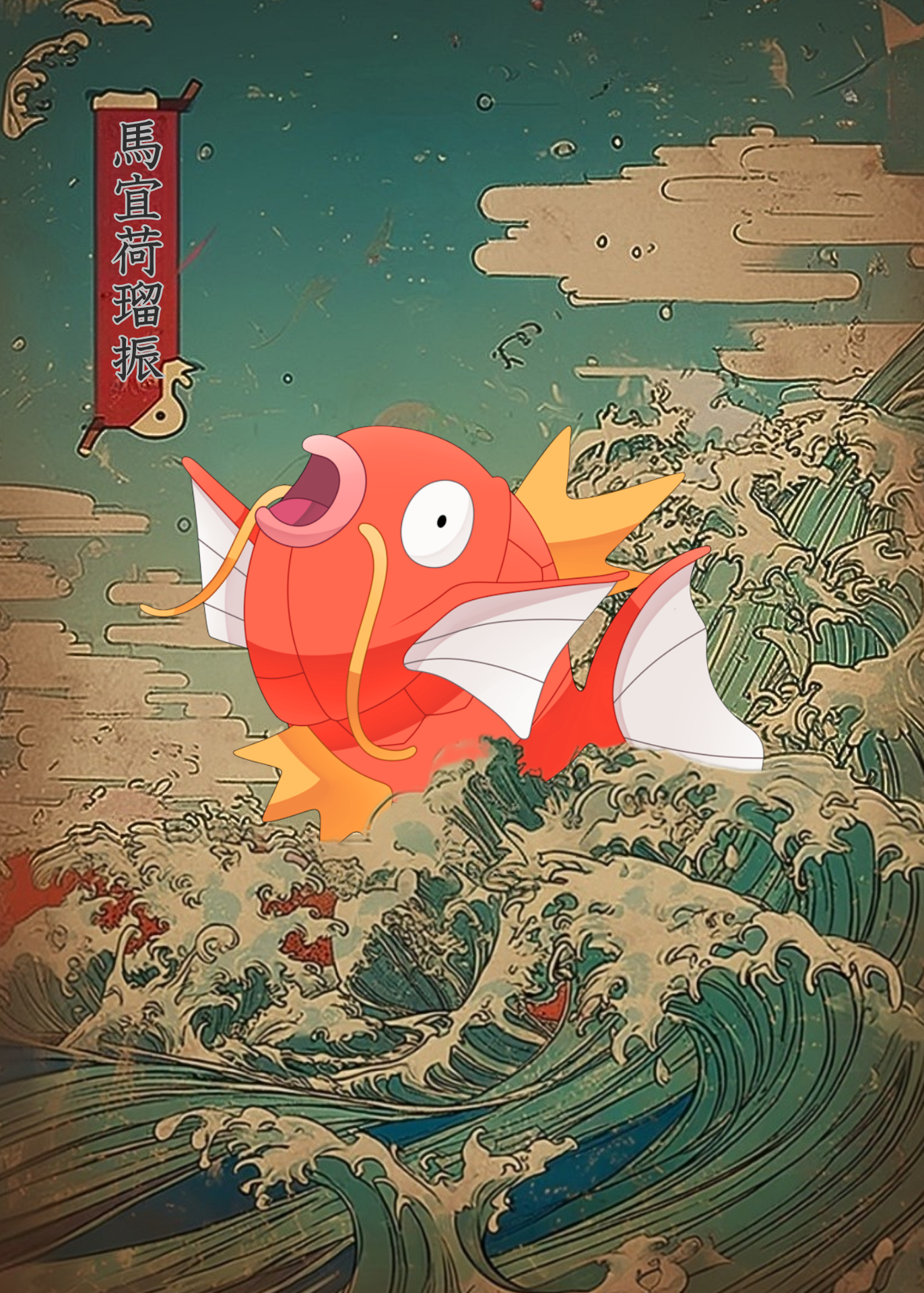 Illustration of Magikarp Pokemon with a boat on a wave background