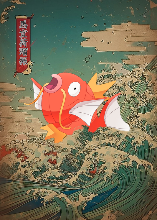Illustration of Magikarp Pokemon with a boat on a wave background
