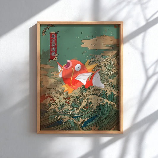 Framed artwork of a stylized Magikarp Pokemon with a traditional design on a white wall.