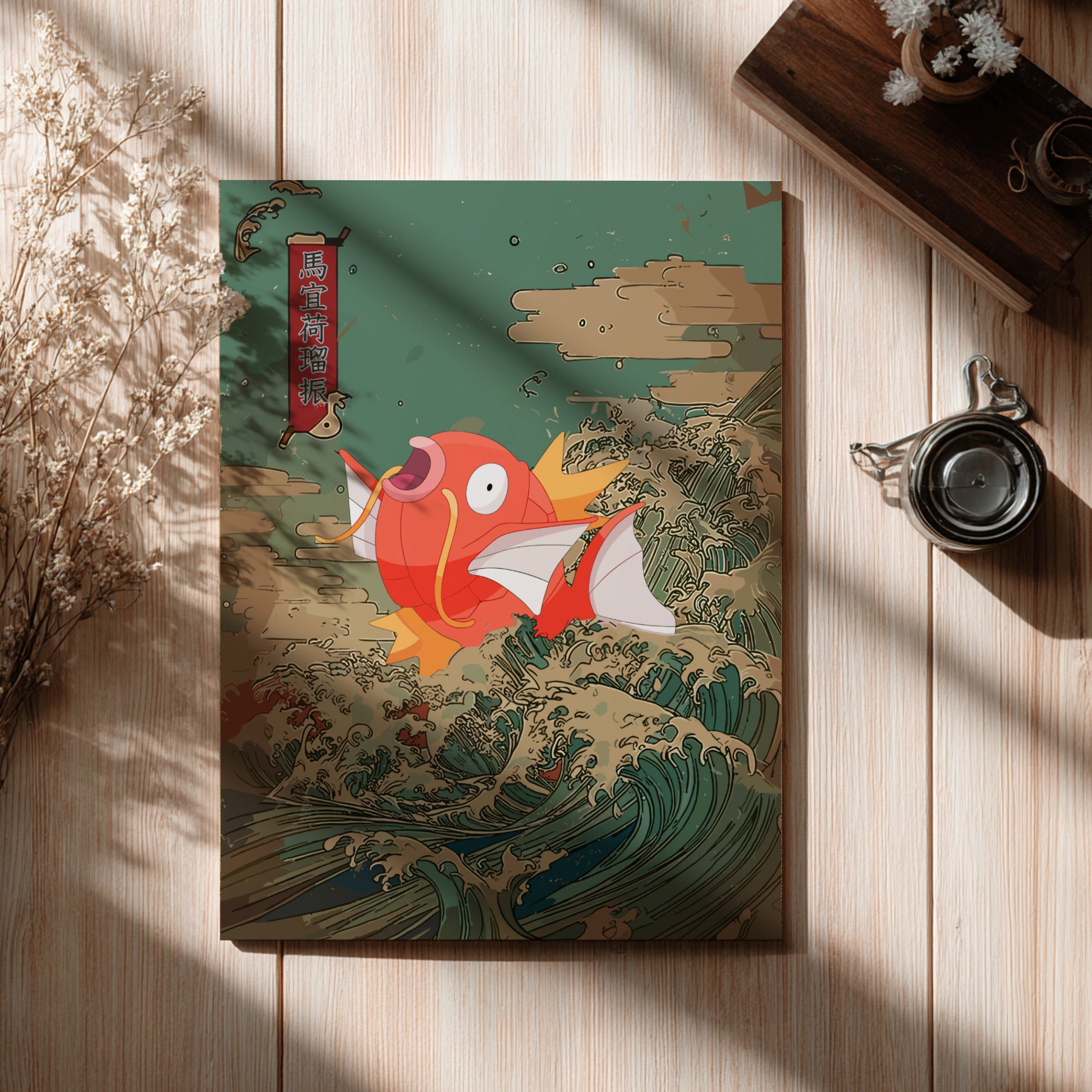 Poster with a Magikarp Pokemon illustration on a wooden surface