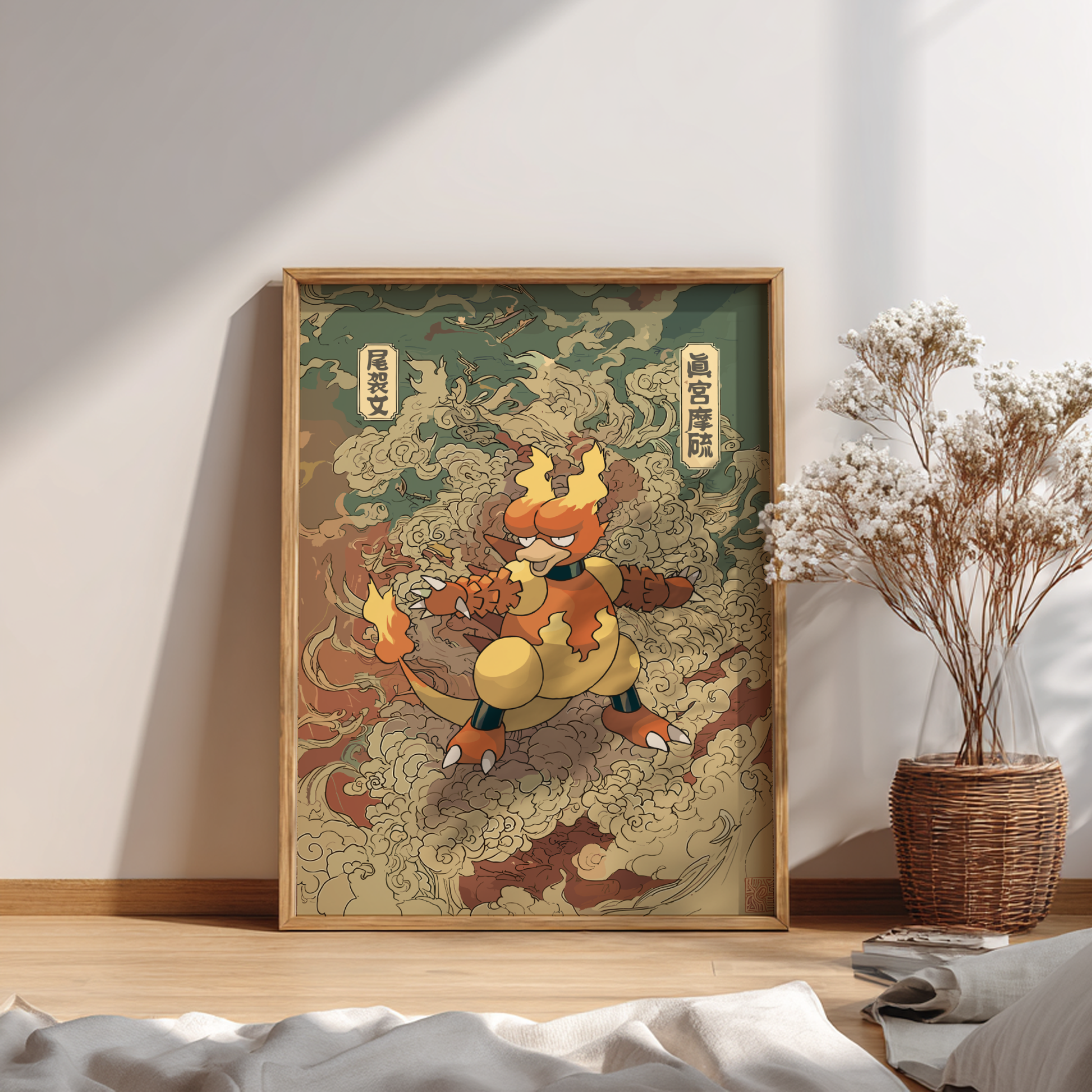 Framed artwork of a stylized Magmar Pokemon character on a wall with a vase of flowers.