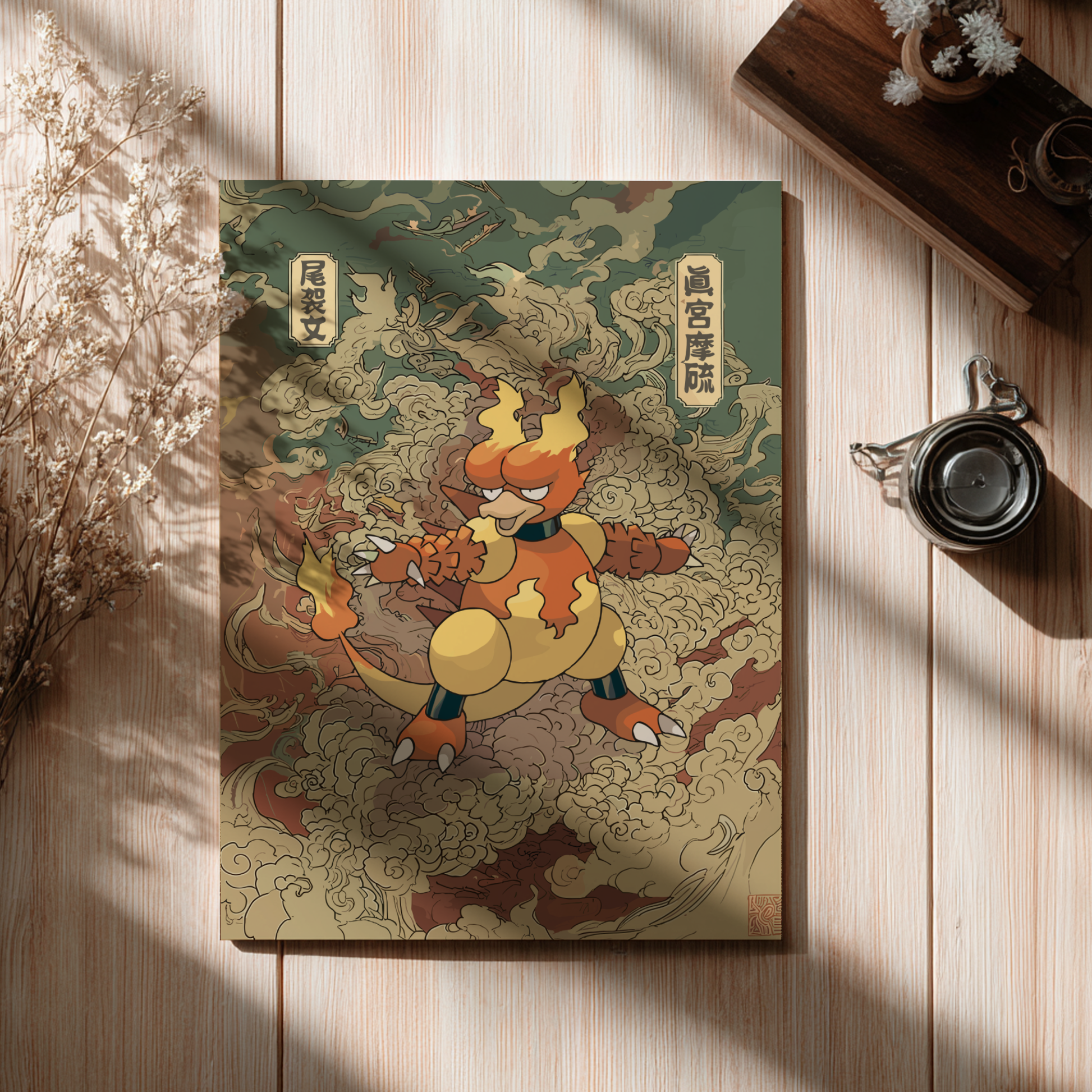 Poster with a Magmar Pokemon design on a wooden surface