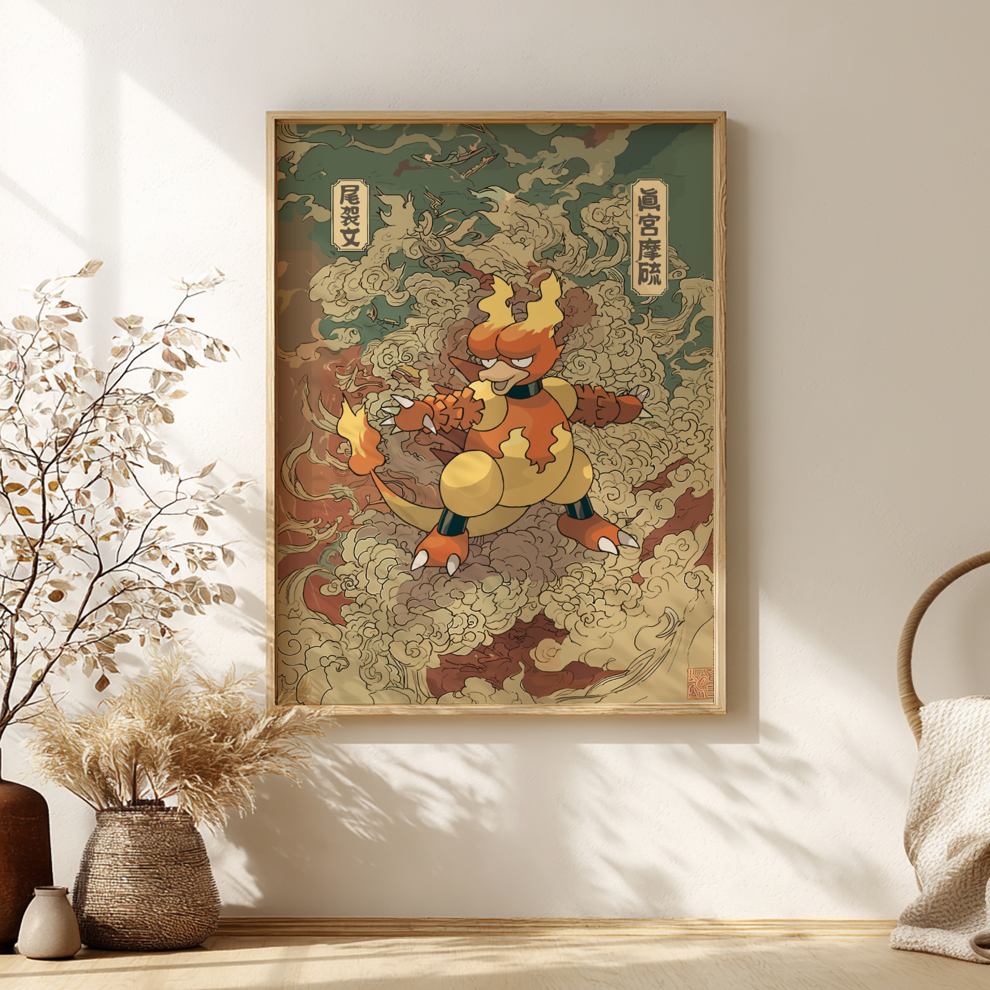 Framed artwork of a stylized Magmar Pokemon character on a wall with decorative elements.