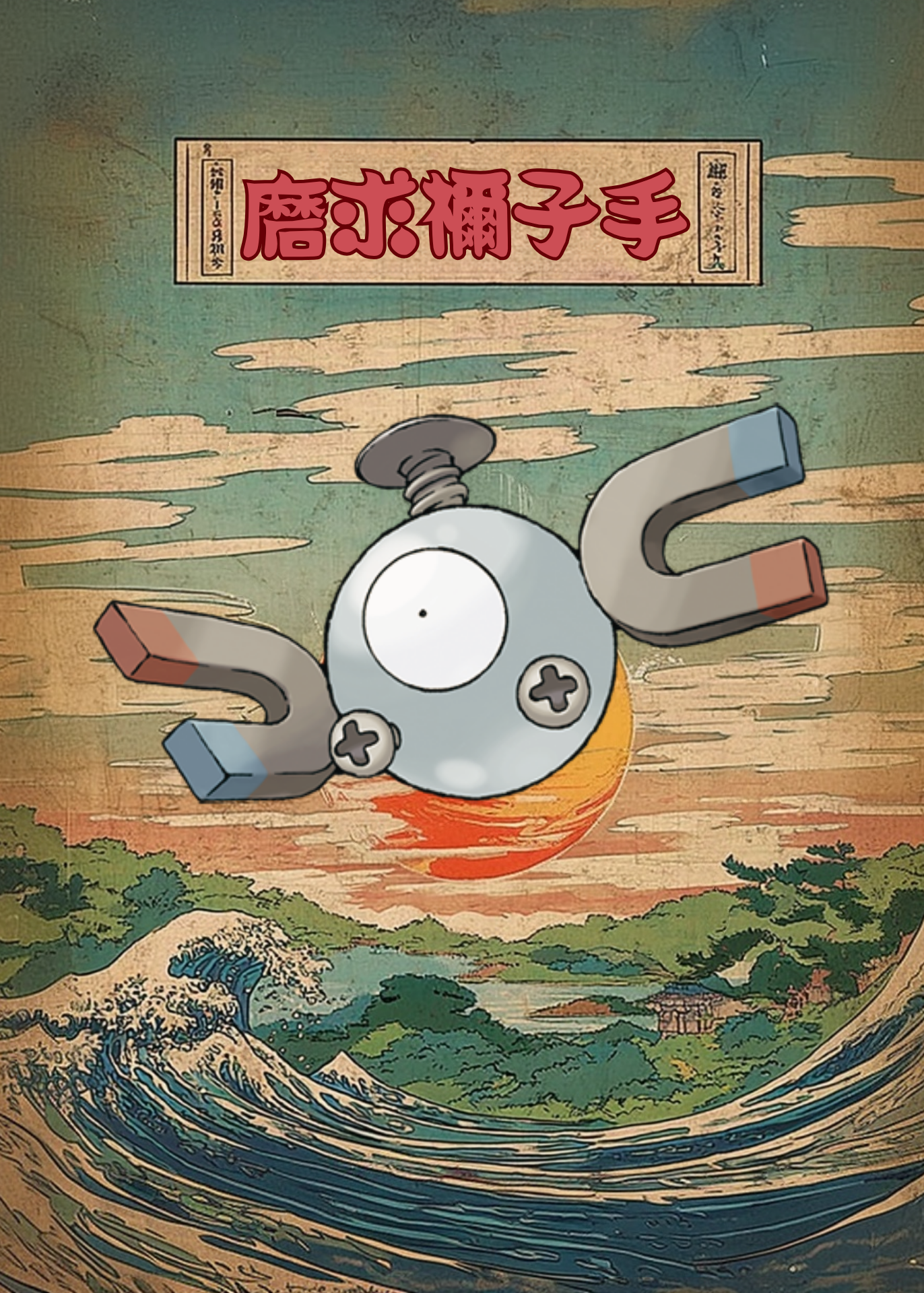 Magnemite Pokemon design in a scenic landscape
