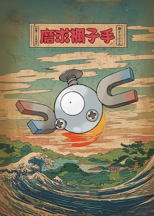 Magnemite Pokemon design in a scenic landscape