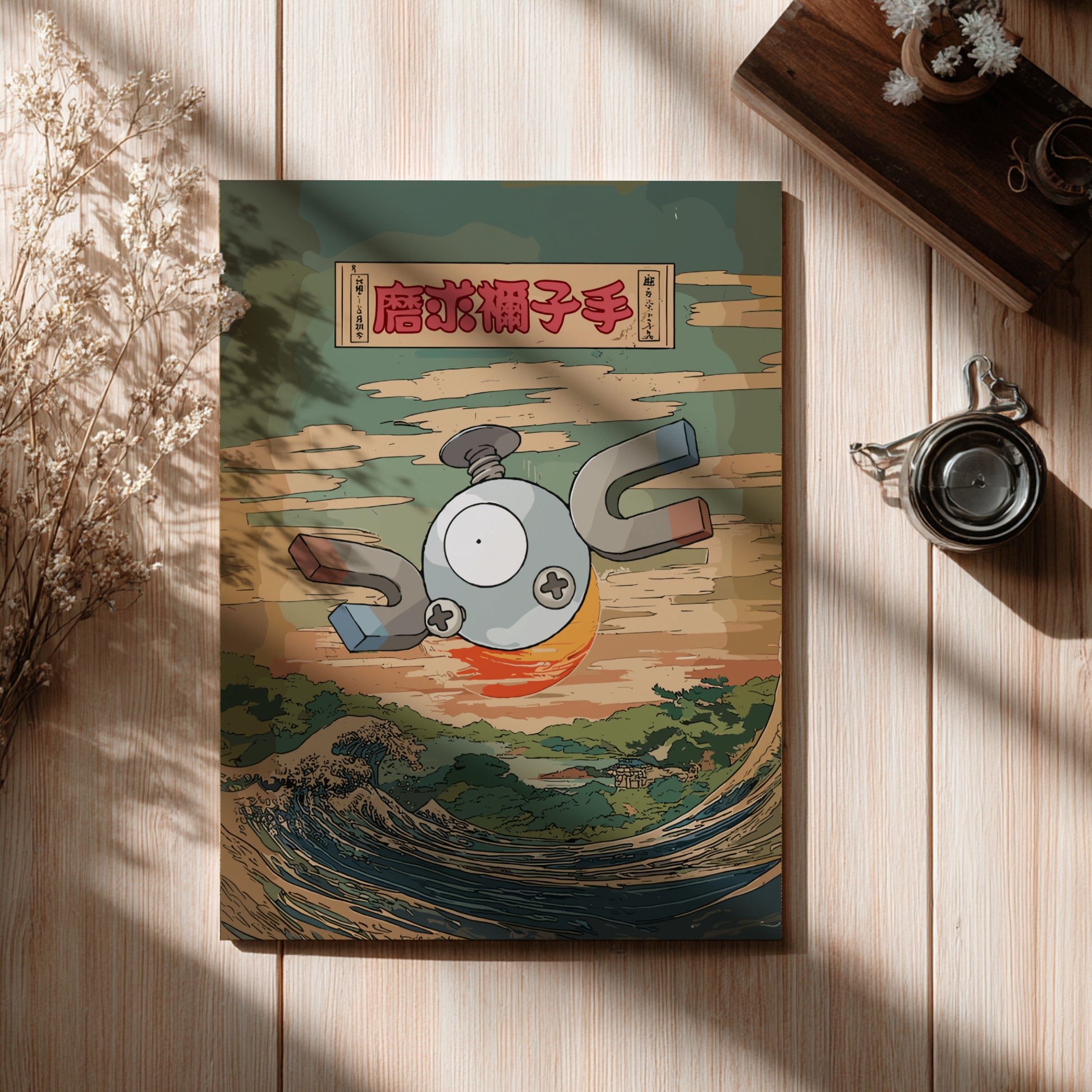 Vintage-style illustration of Magnemite Pokemon on a wooden surface with a cup and dried plants.