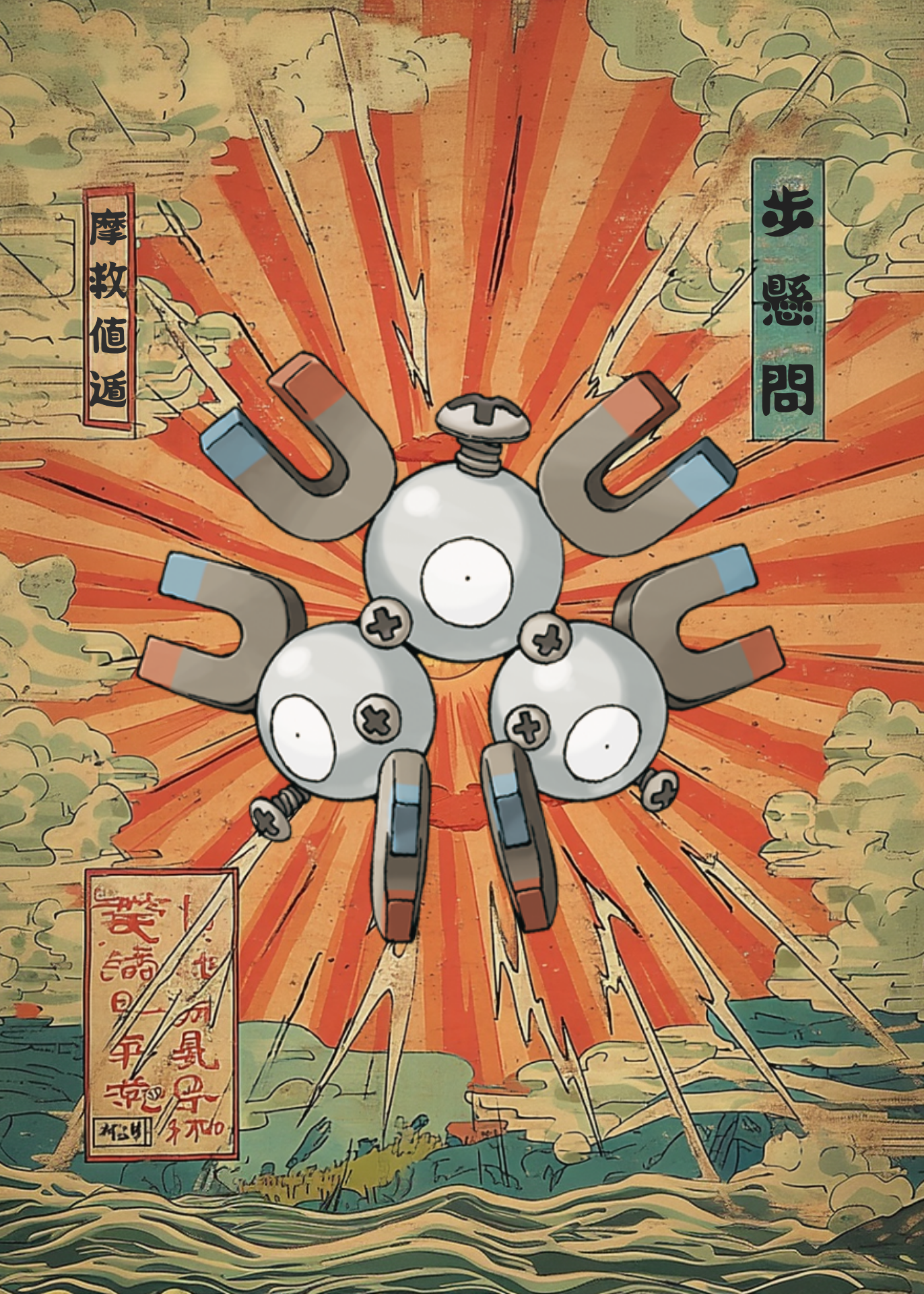Vintage-style illustration of Magneton Pokemon against a dramatic sky.
