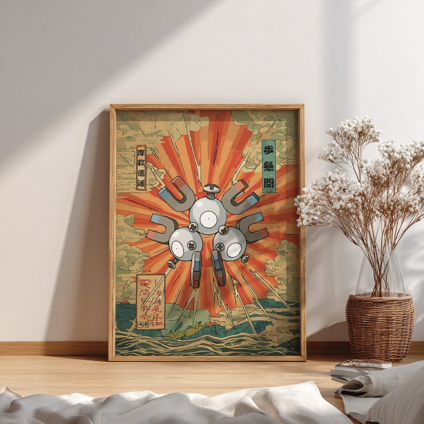 Framed artwork with a Magneton Pokemon design on a wall in a room with a plant and decor items.