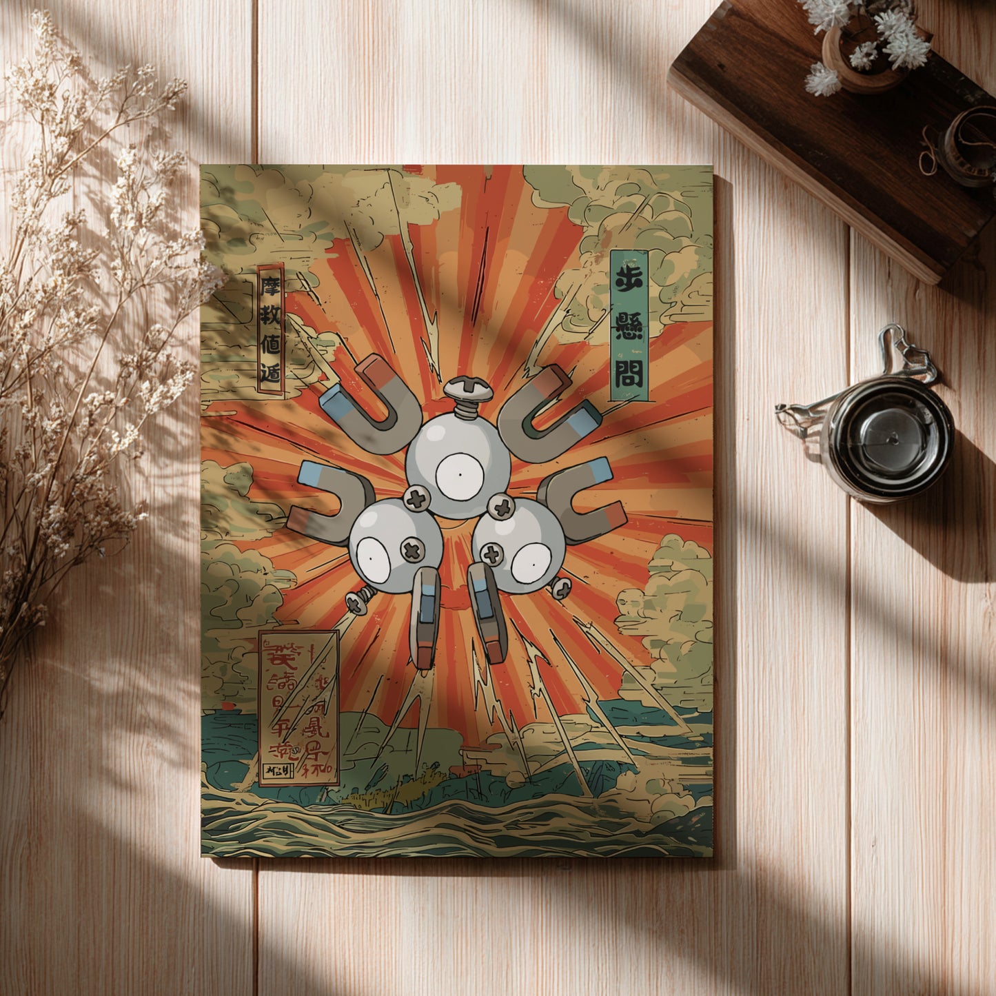 Decorative poster with a Magneton Pokemon design and robots on a wooden surface