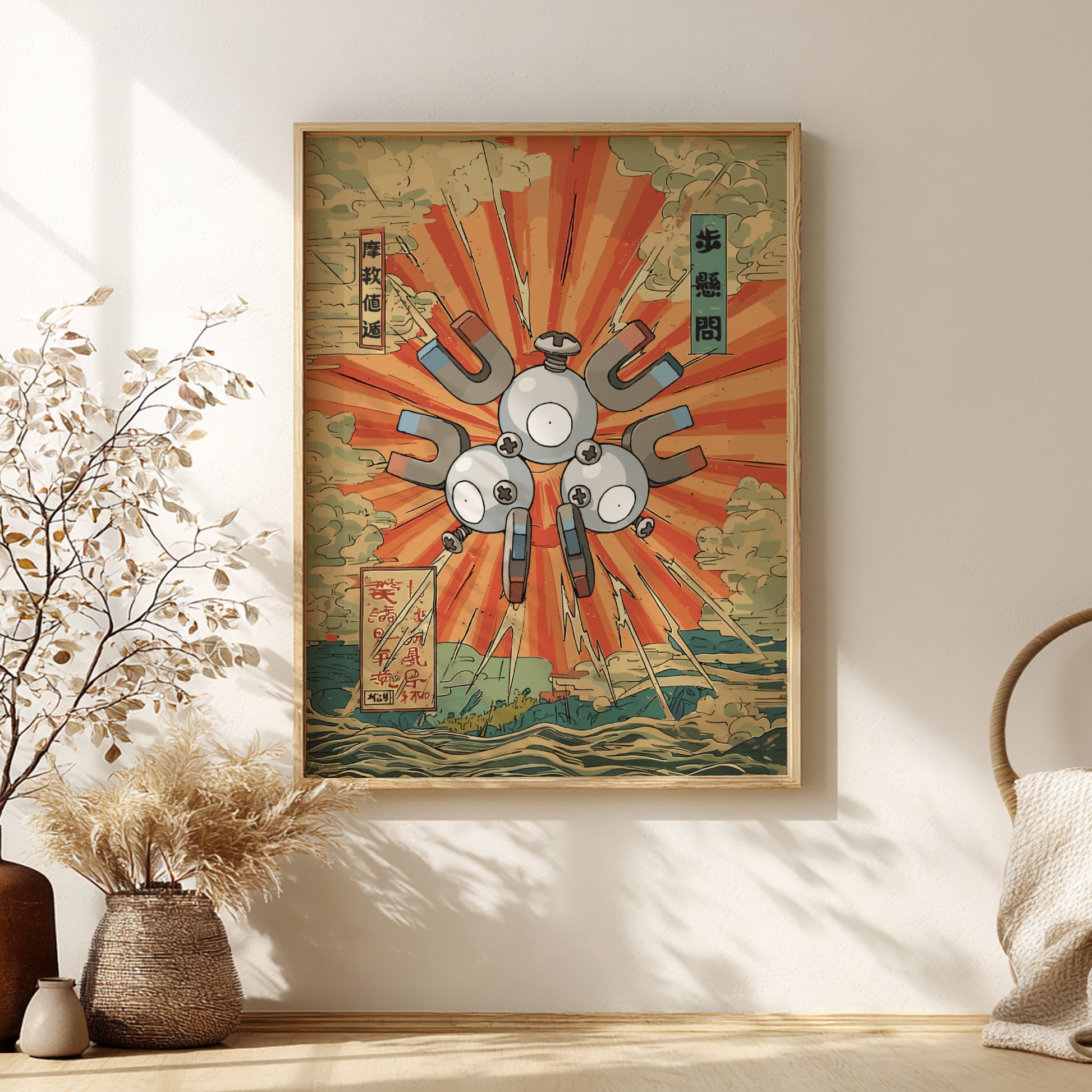 Framed artwork with a Magneton Pokemon design and text on a wall in a room with decorative elements.
