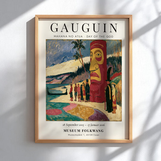 Gauguin exhibition poster featuring Mahana No Atua artwork with vibrant colors and Polynesian themes