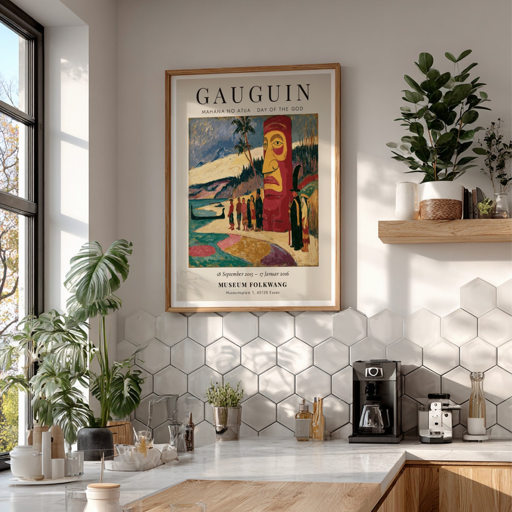 Gauguin exhibition poster featuring Mahana No Atua artwork with vibrant colors and Polynesian themes