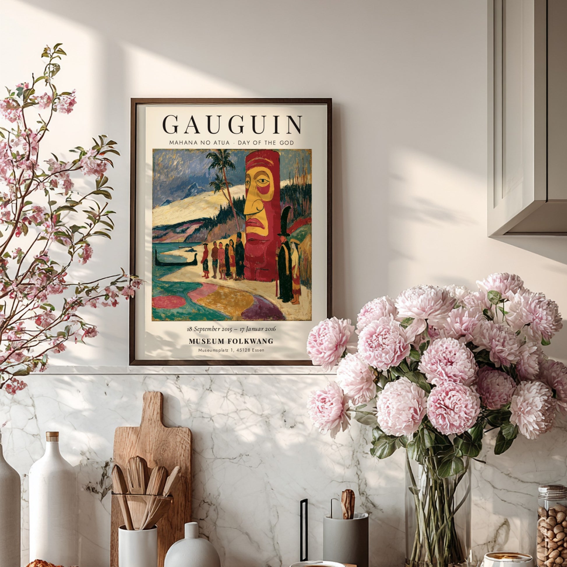 Gauguin exhibition poster featuring Mahana No Atua artwork with vibrant colors and Polynesian themes
