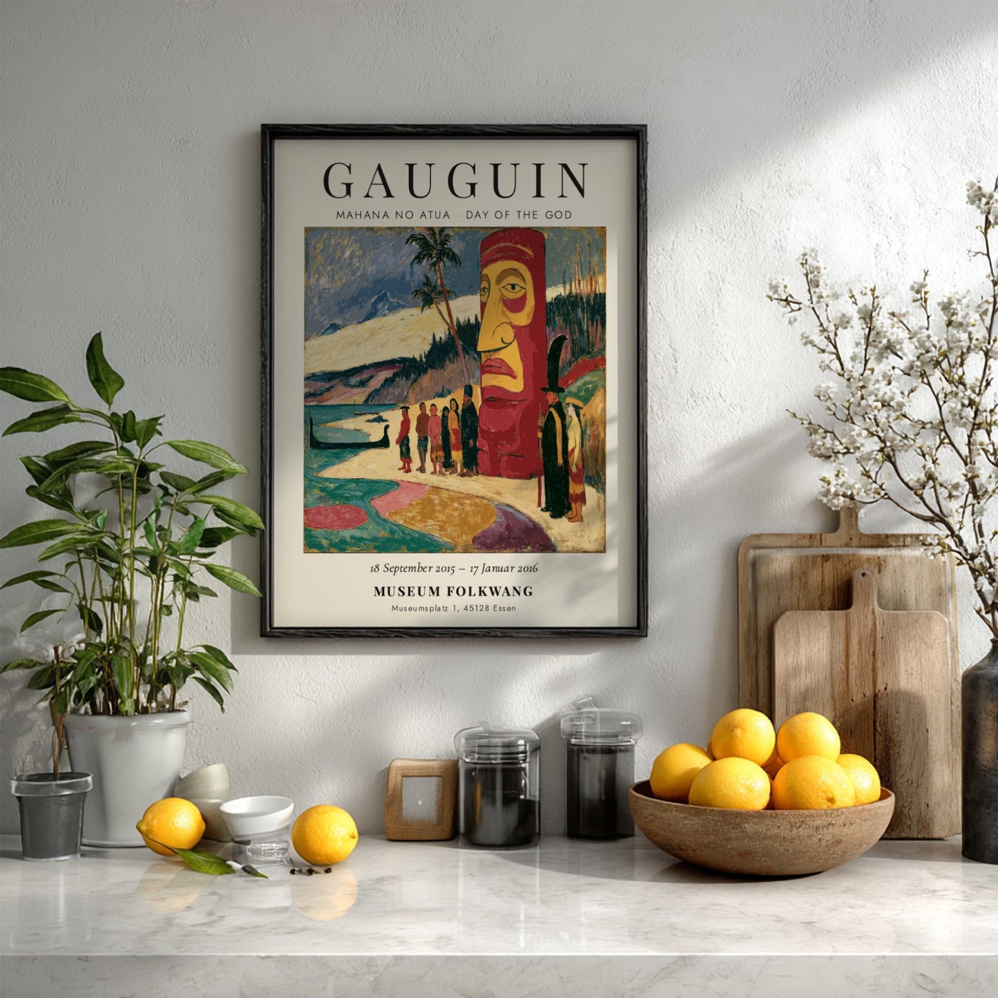 Gauguin exhibition poster featuring Mahana No Atua artwork with vibrant colors and Polynesian themes