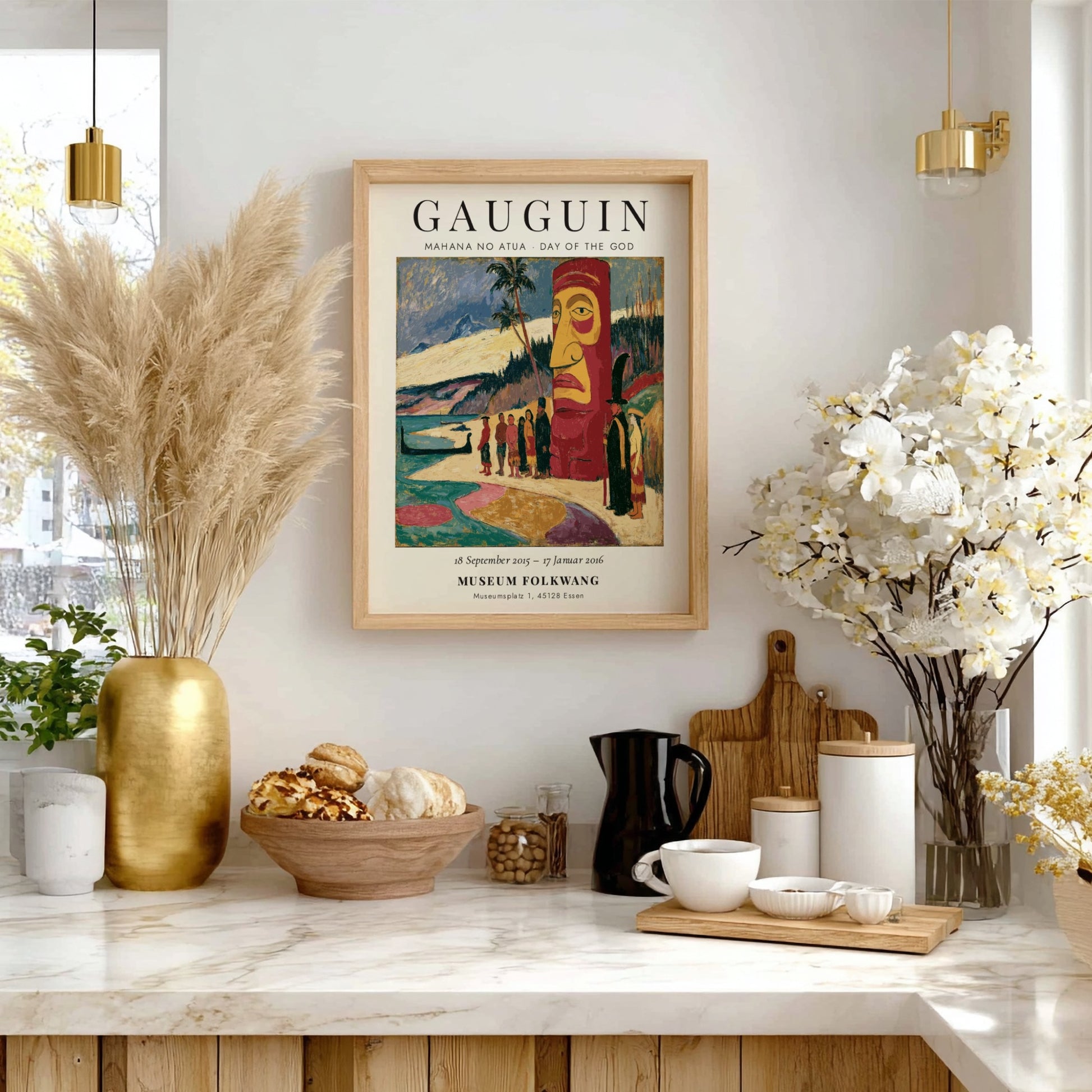 Gauguin exhibition poster featuring Mahana No Atua artwork with vibrant colors and Polynesian themes