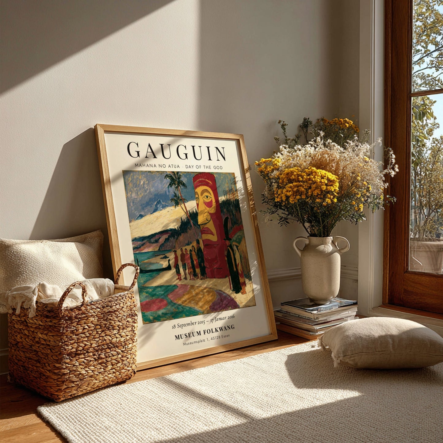 Gauguin exhibition poster featuring Mahana No Atua artwork with vibrant colors and Polynesian themes
