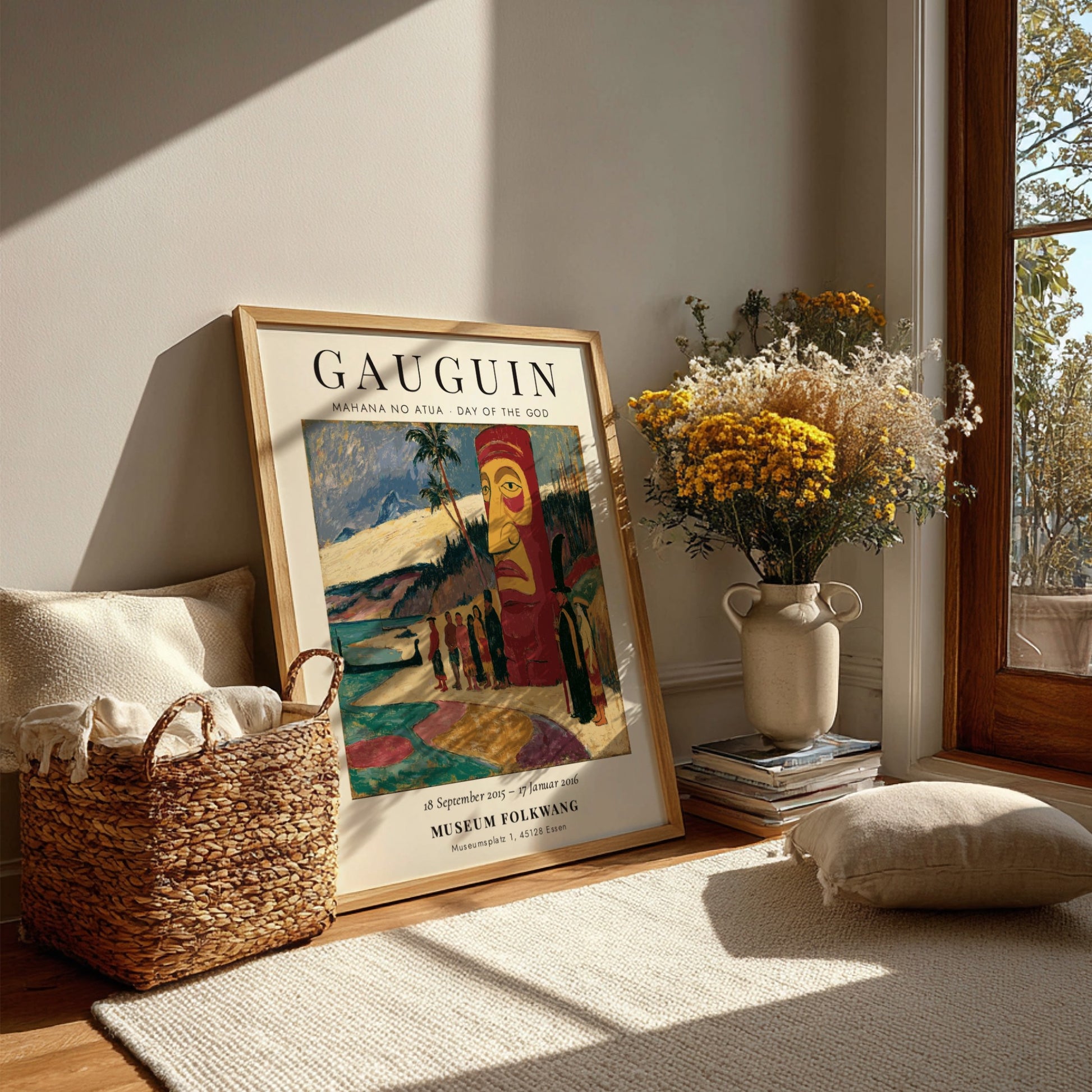Gauguin exhibition poster featuring Mahana No Atua artwork with vibrant colors and Polynesian themes