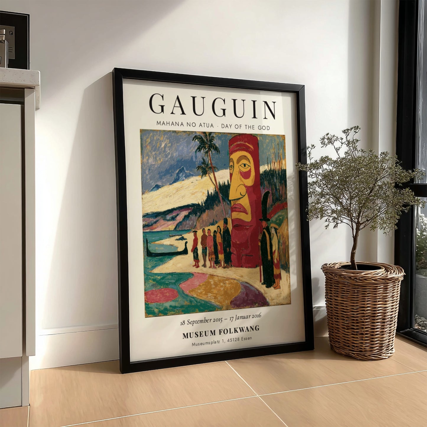Gauguin exhibition poster featuring Mahana No Atua artwork with vibrant colors and Polynesian themes