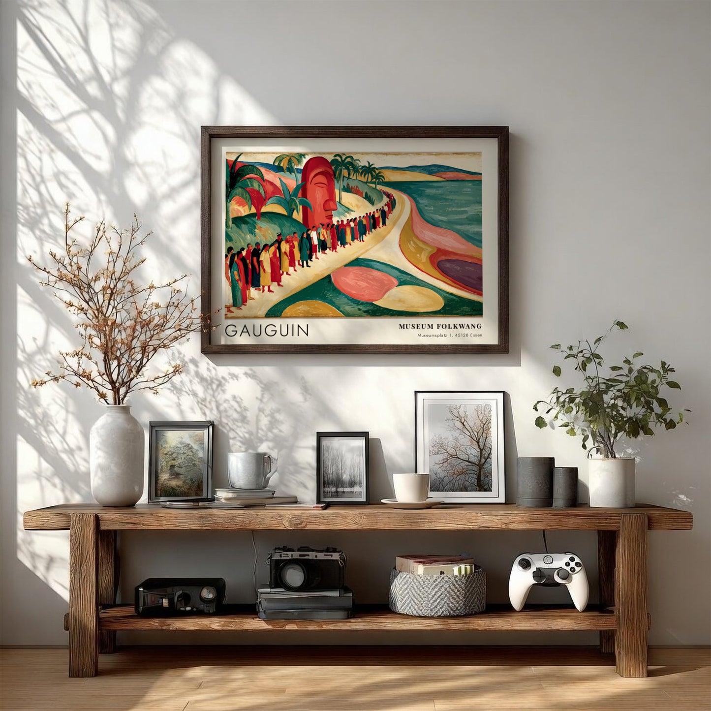 Wall art poster featuring Gauguin's Mahana No Atua with tropical figures and an idol.