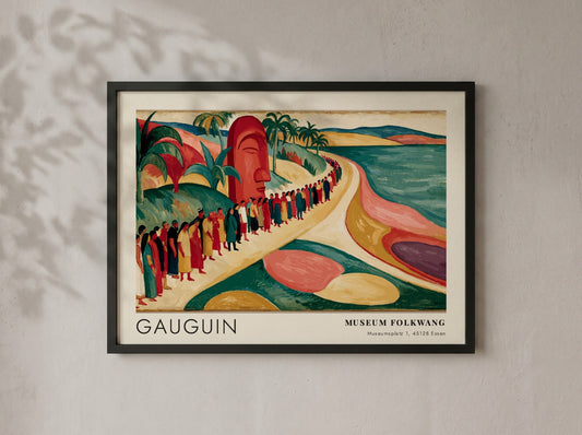Wall art poster featuring Gauguin's Mahana No Atua with tropical figures and an idol.