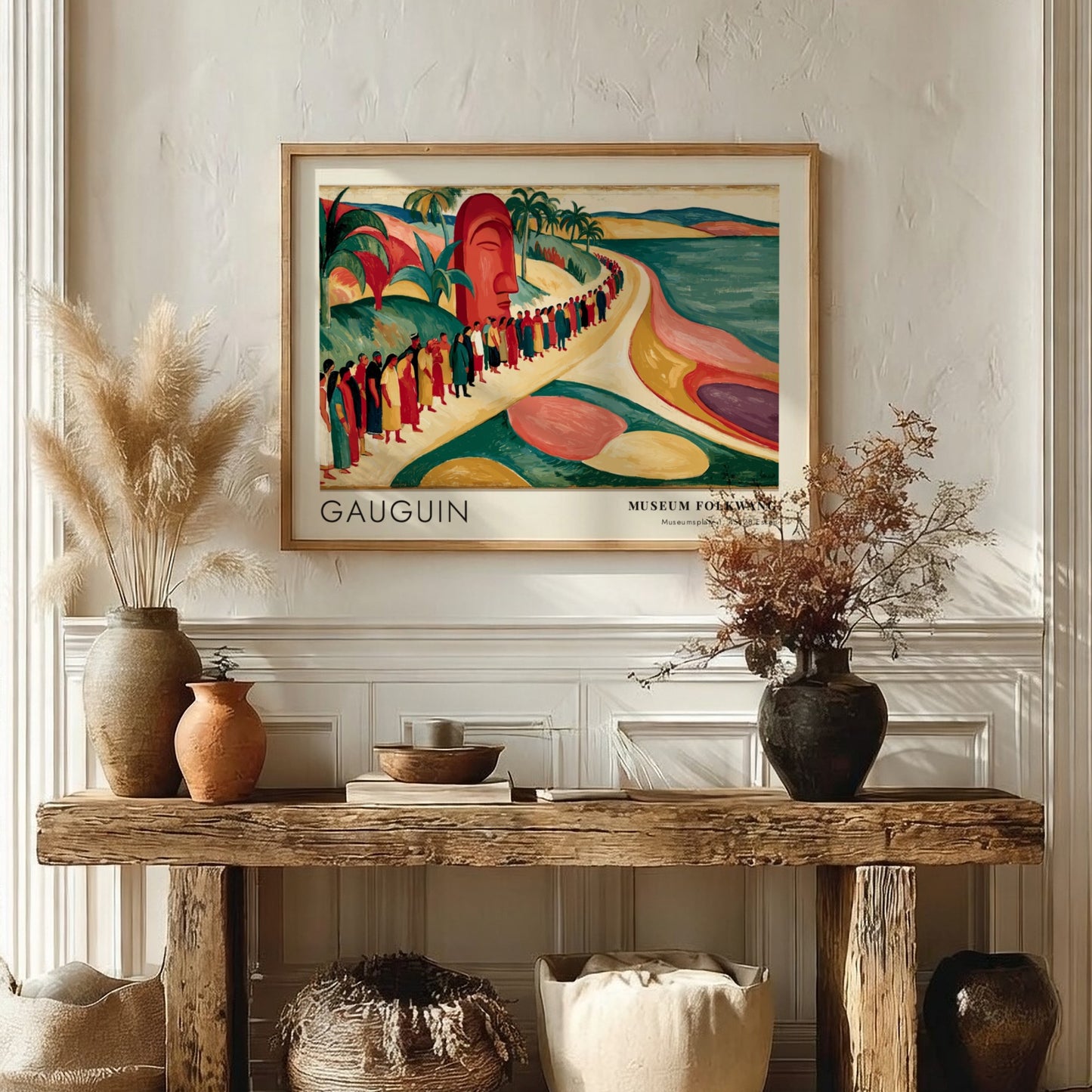 Wall art poster featuring Gauguin's Mahana No Atua with tropical figures and an idol.
