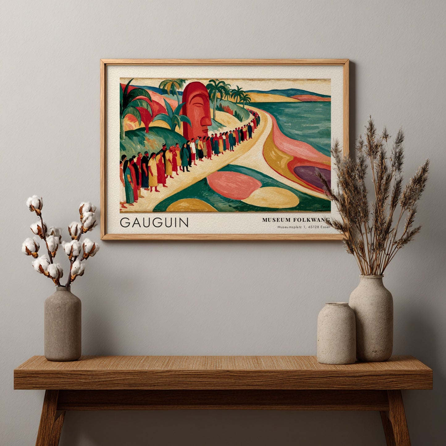 Wall art poster featuring Gauguin's Mahana No Atua with tropical figures and an idol.
