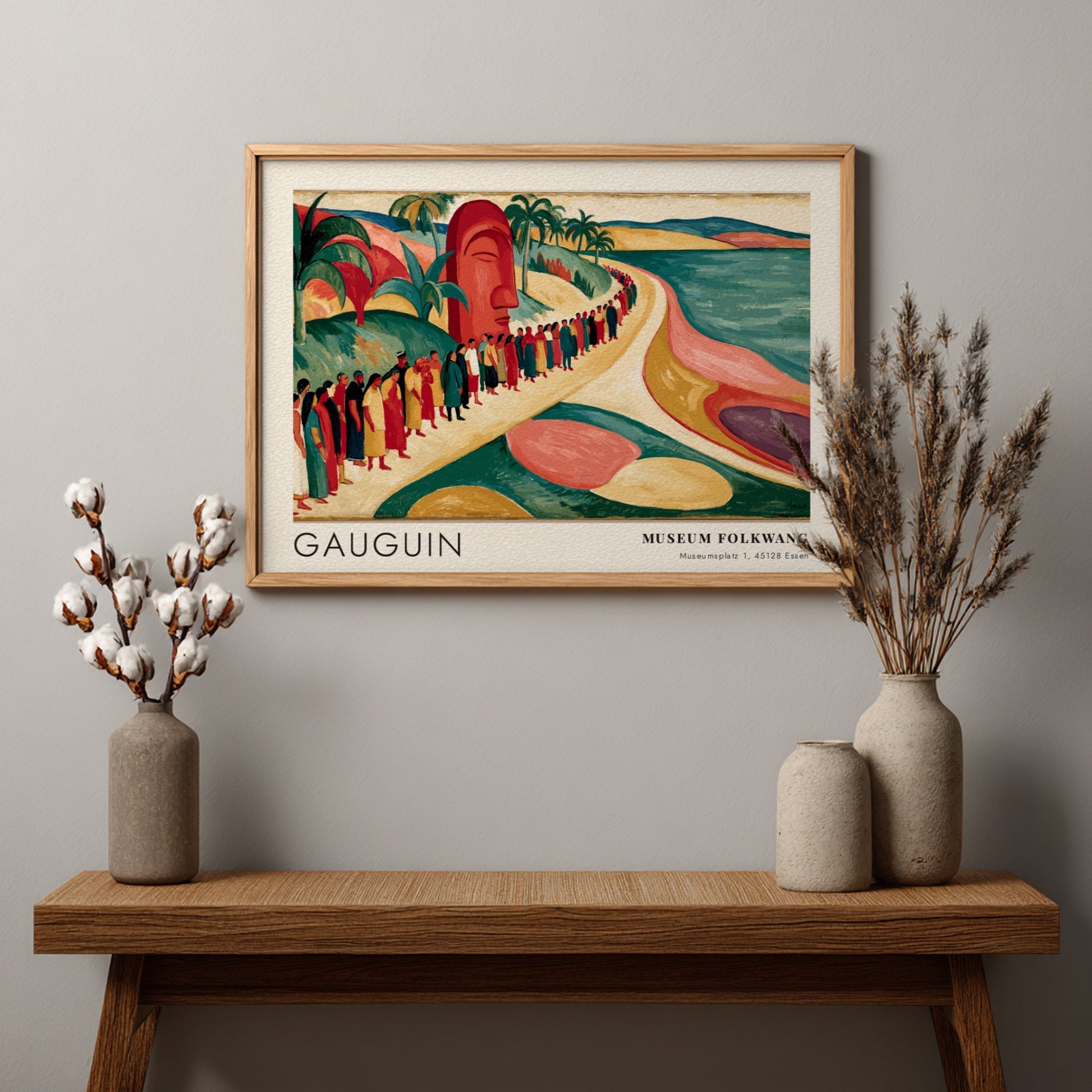 Wall art poster featuring Gauguin's Mahana No Atua with tropical figures and an idol.