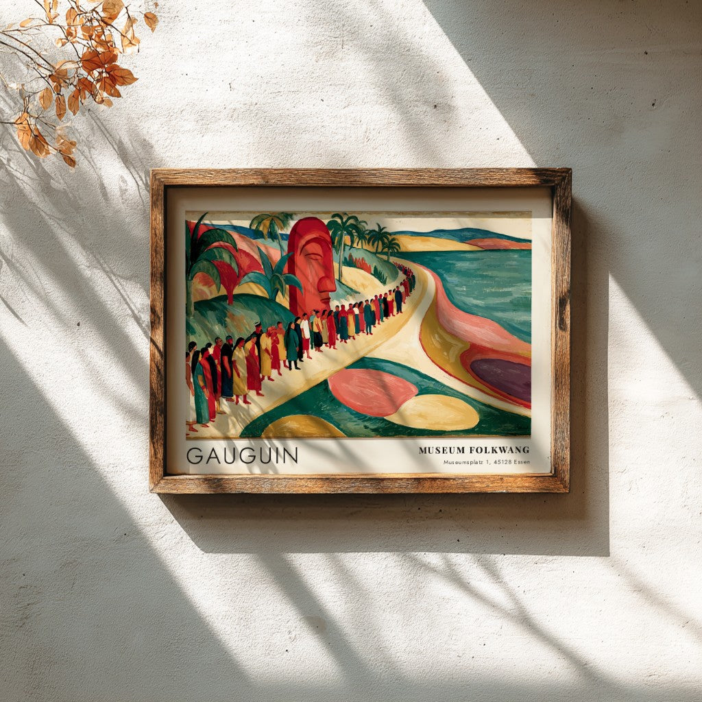 Wall art poster featuring Gauguin's Mahana No Atua with tropical figures and an idol.