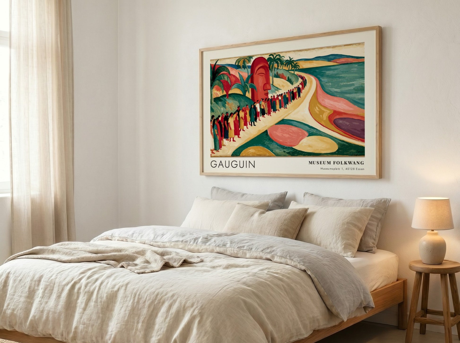 Wall art poster featuring Gauguin's Mahana No Atua with tropical figures and an idol.
