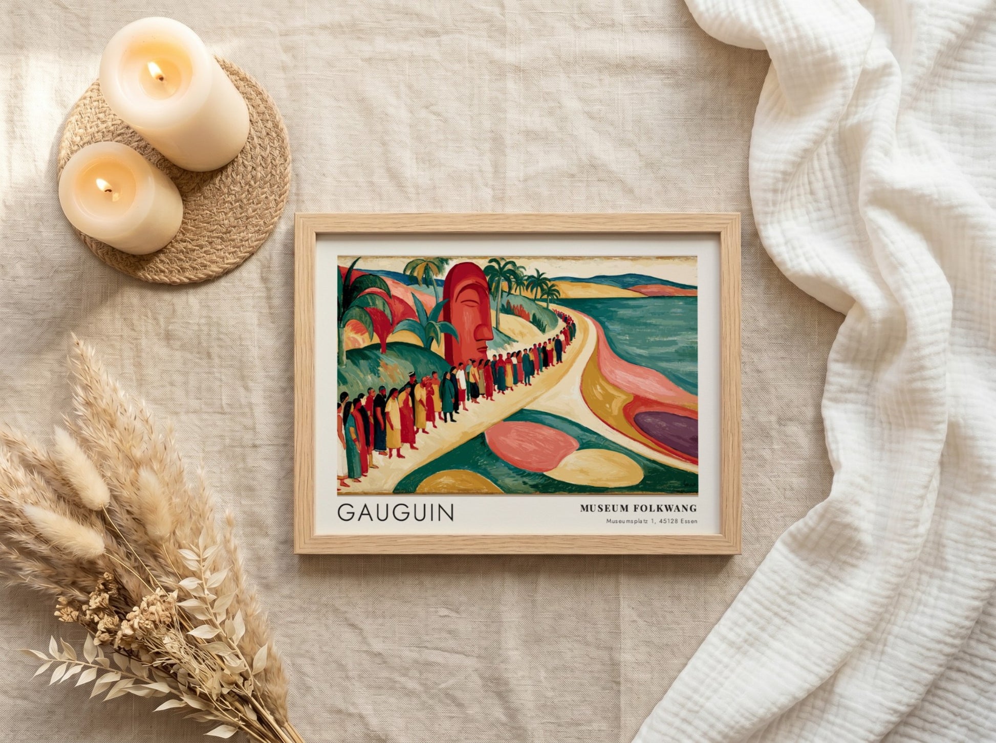 Wall art poster featuring Gauguin's Mahana No Atua with tropical figures and an idol.