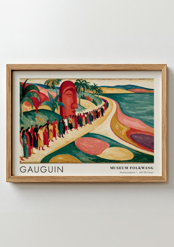 Wall art poster featuring Gauguin's Mahana No Atua with tropical figures and an idol.