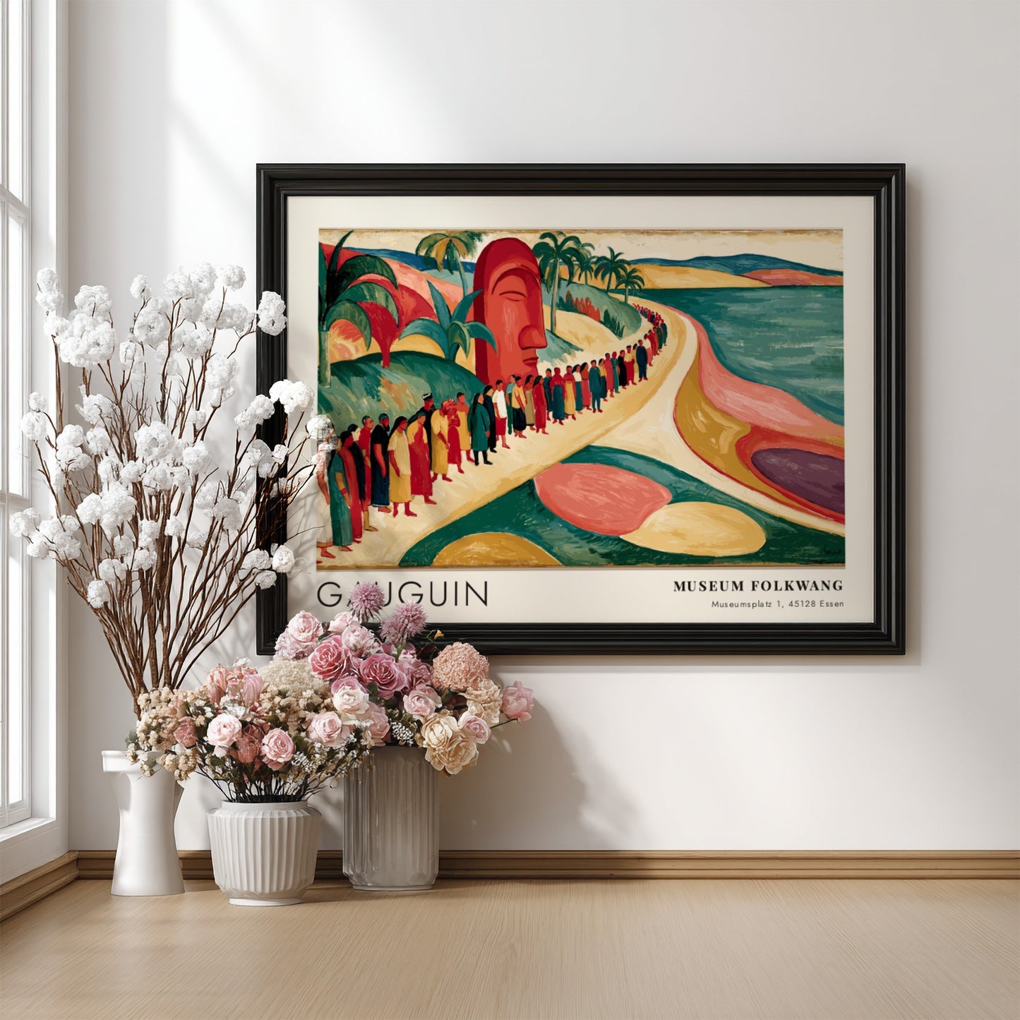 Wall art poster featuring Gauguin's Mahana No Atua with tropical figures and an idol.