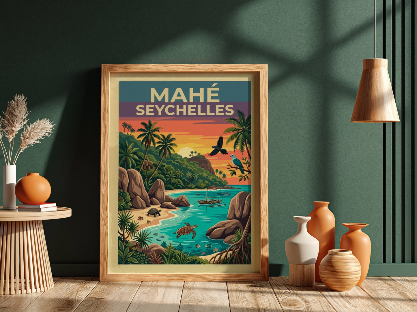 Travel poster of Mahé Seychelles featuring granite rocks, palm trees, turtles, and sunset.