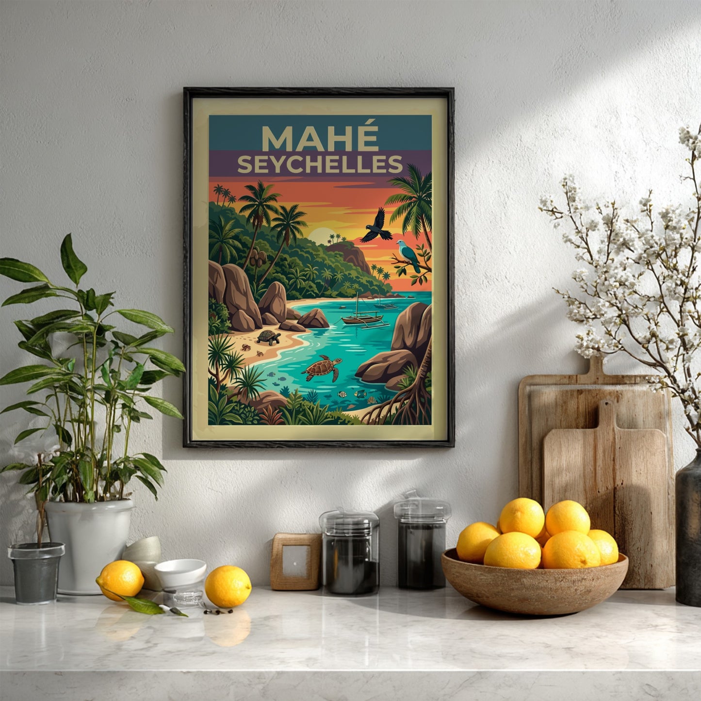 Travel poster of Mahé Seychelles featuring granite rocks, palm trees, turtles, and sunset.