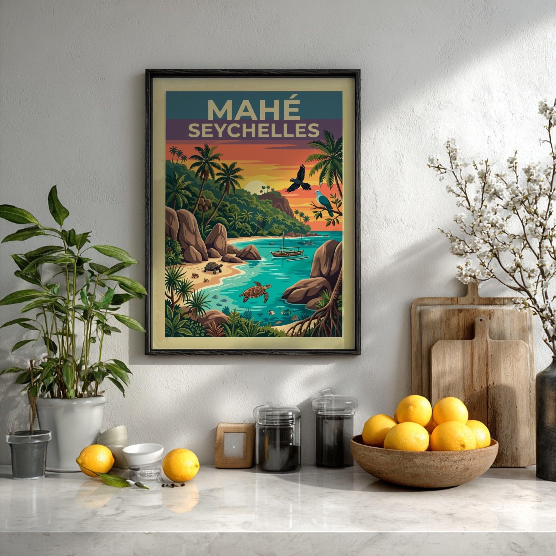 Travel poster of Mahé Seychelles featuring granite rocks, palm trees, turtles, and sunset.