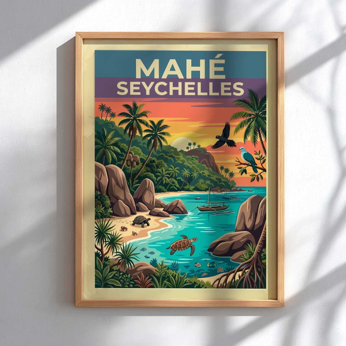 Travel poster of Mahé Seychelles featuring granite rocks, palm trees, turtles, and sunset.