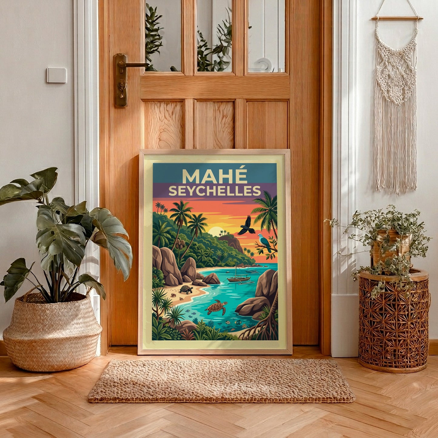 Travel poster of Mahé Seychelles featuring granite rocks, palm trees, turtles, and sunset.