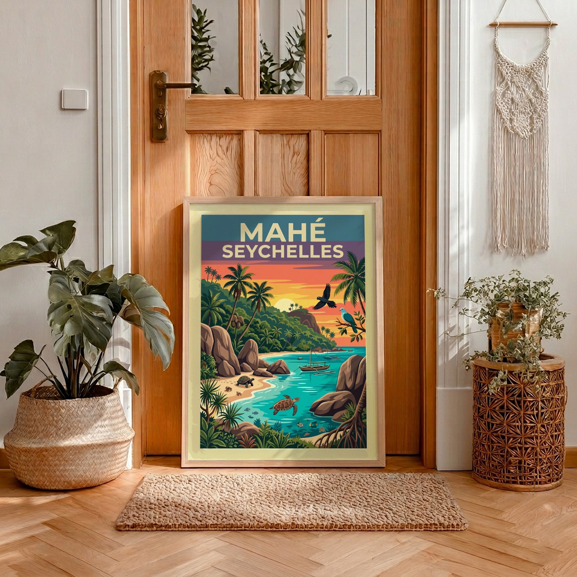 Travel poster of Mahé Seychelles featuring granite rocks, palm trees, turtles, and sunset.