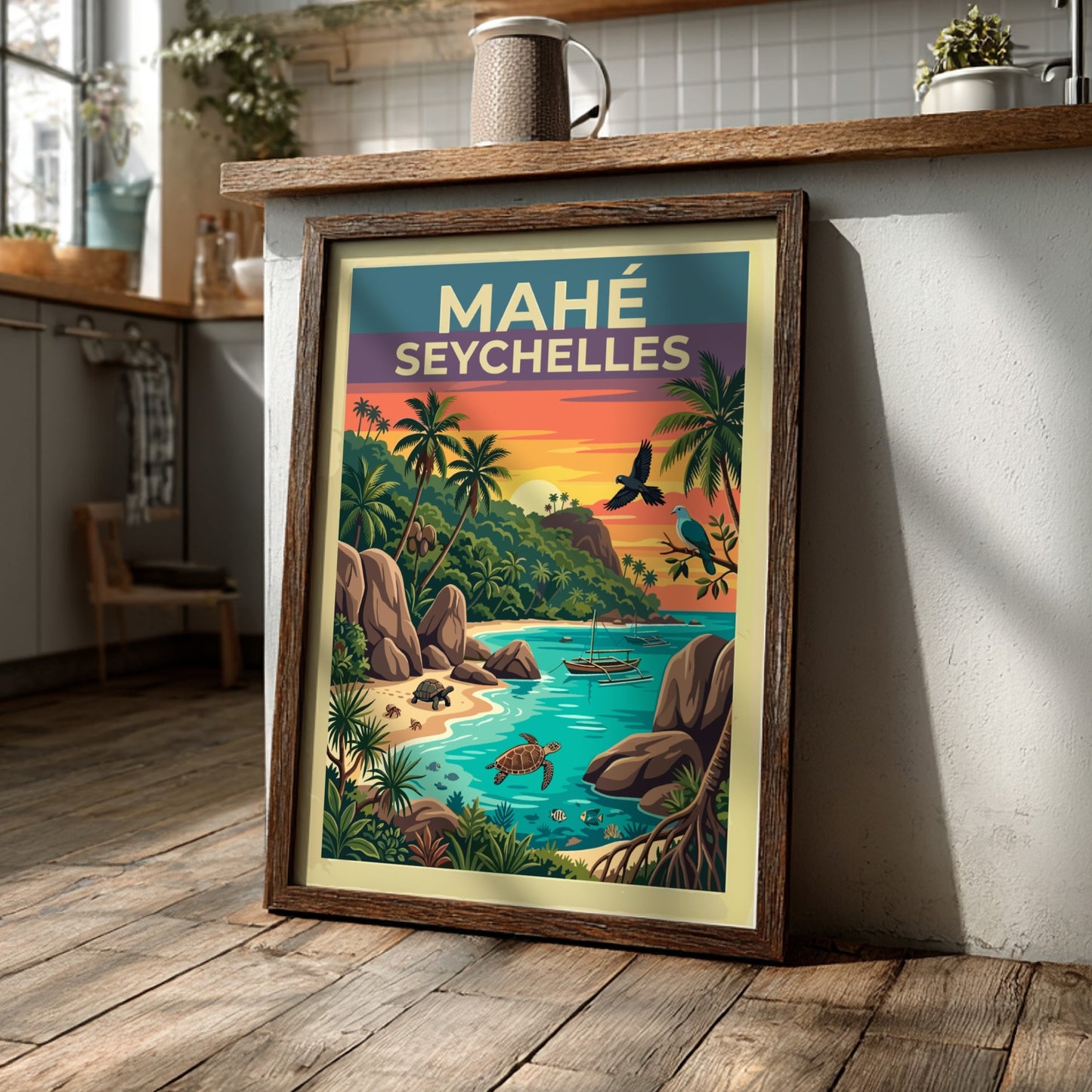 Travel poster of Mahé Seychelles featuring granite rocks, palm trees, turtles, and sunset.