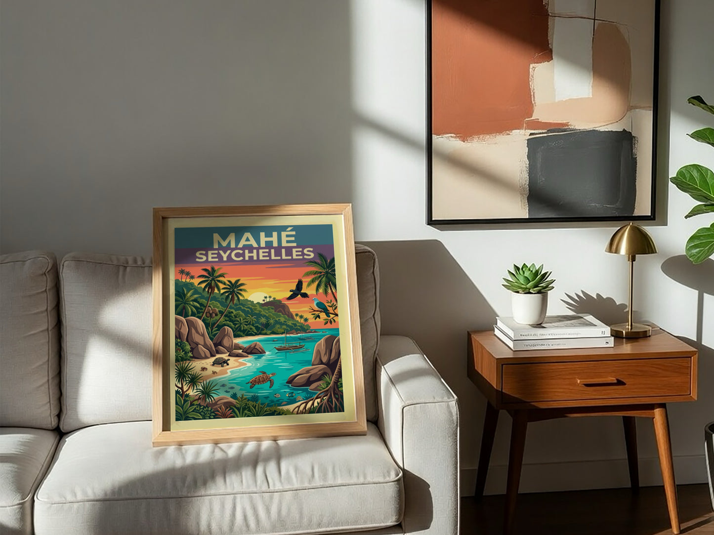 Travel poster of Mahé Seychelles featuring granite rocks, palm trees, turtles, and sunset.
