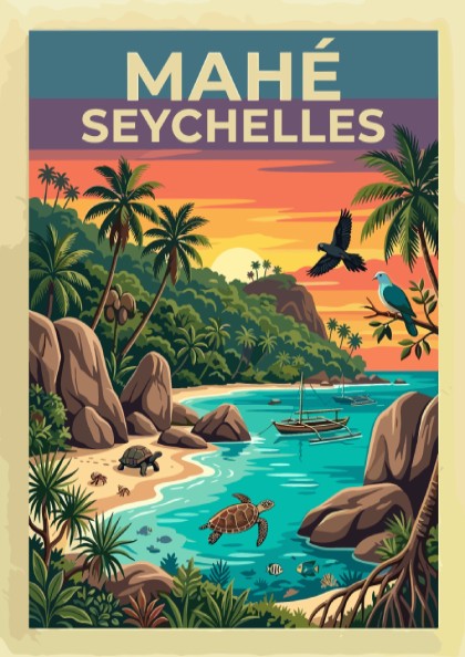 Travel poster of Mahé Seychelles featuring granite rocks, palm trees, turtles, and sunset.