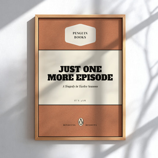 A framed Penguin Books book cover for 'Just One More Episode' by Bingling Regrets, displayed on a white wall with soft shadow overlays.