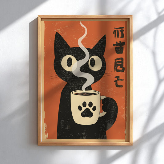 A retro-style illustrated poster featuring a black cat holding a cream-colored coffee mug with a paw print, set against a warm red background with Japanese characters on the right.