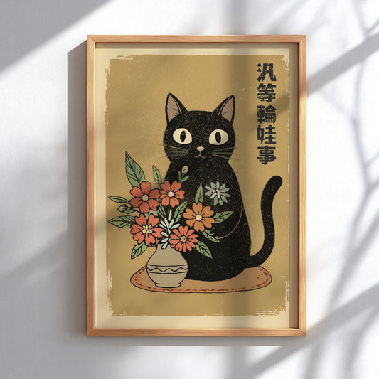 A framed art print featuring a black cat with large white eyes sitting behind a vase of orange and white flowers, on a warm beige background with vertical black Japanese characters. The print is housed in a light wood frame and displayed on a white wall with soft shadow patterns.