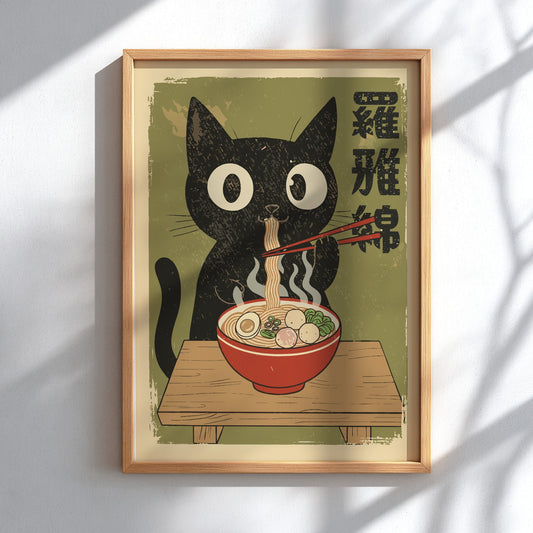 Black cat eating ramen with chopsticks at a wooden table, Japanese ukiyo-e style poster on a green background